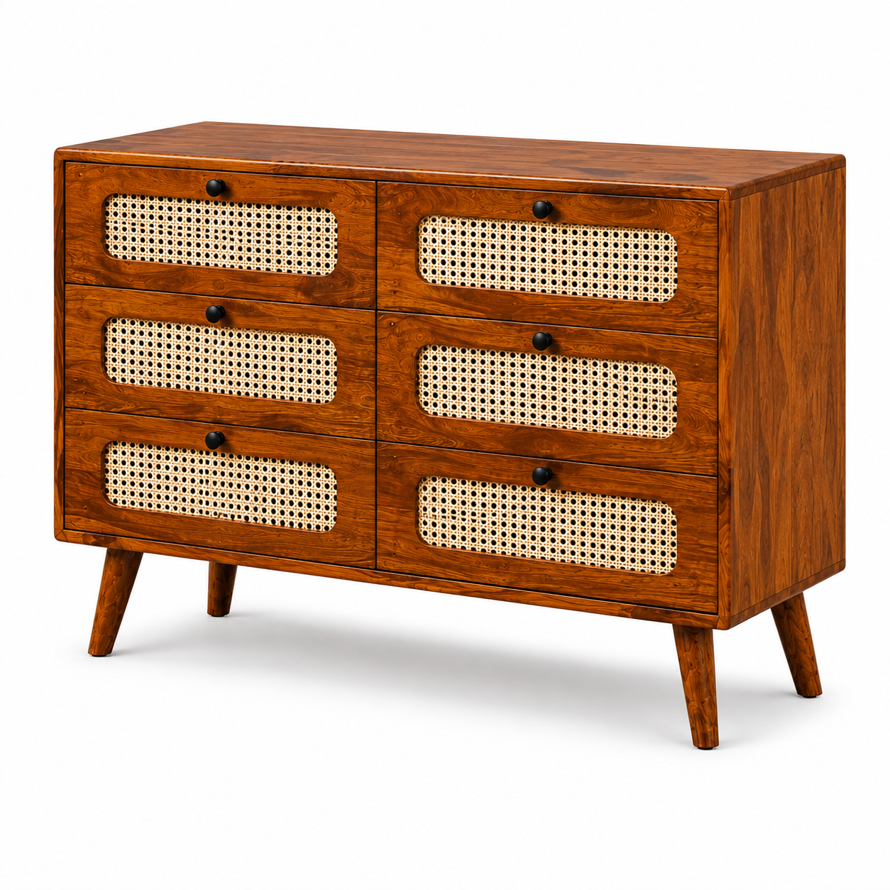 PremWood Solid Sheesham Wood 6-Drawer Dresser with Natural Rattan Cane Panels | Honey Finish Wooden Chest of Drawers | Mid-Century Modern Storage Cabinet for Bedroom & Living Room
