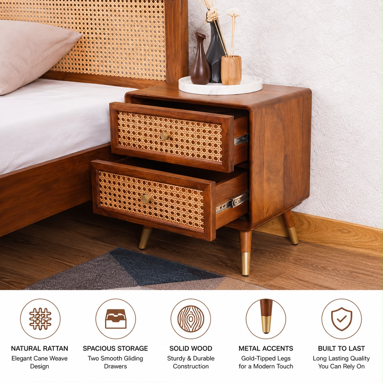 Premwood Solid Sheesham Wood Bedside Table with 2 Rattan Drawers | Honey Finish Nightstand with Cane Front & Brass-Tip Legs