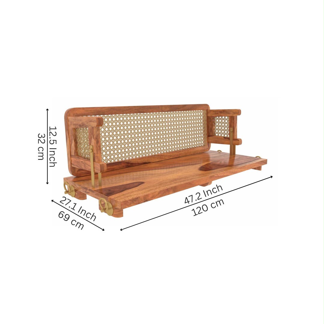 PremWood Solid Sheesham Wood Swing Jhula with Natural Rattan Cane Backrest, Brass-Coated Rods, Honey Finish, Handcrafted Hanging Swing for Home, Balcony & Living Room