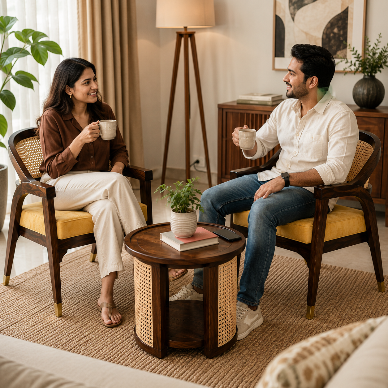 Luxury Sheesham Wood Coffee Table Set with 2 Natural Cane Chairs | Handcrafted Living Room Furniture