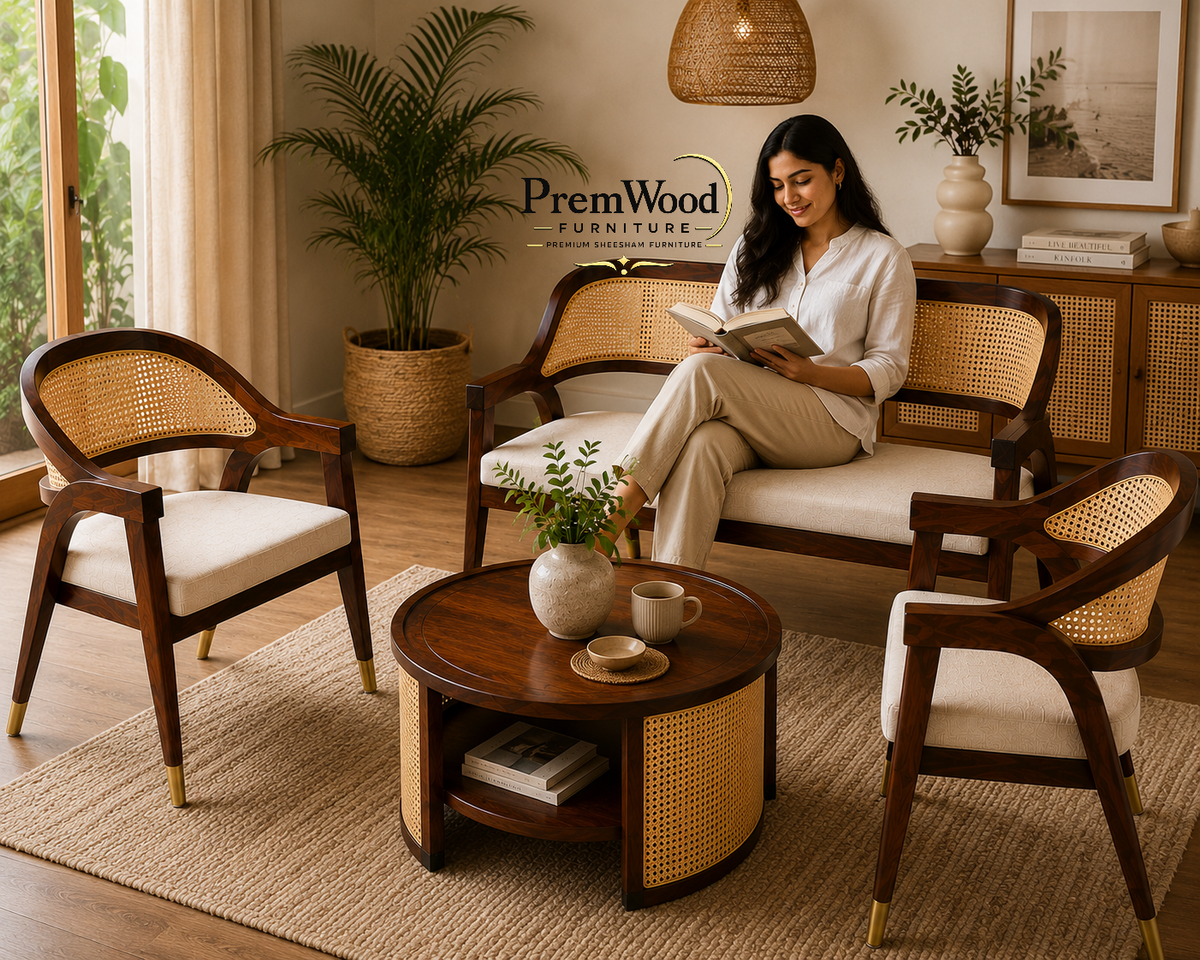 PremWood Luxury Solid Sheesham Wood & Natural Cane 3 Seater Sofa Set with Coffee Table & 2 Chairs | Premium Living Room Furniture