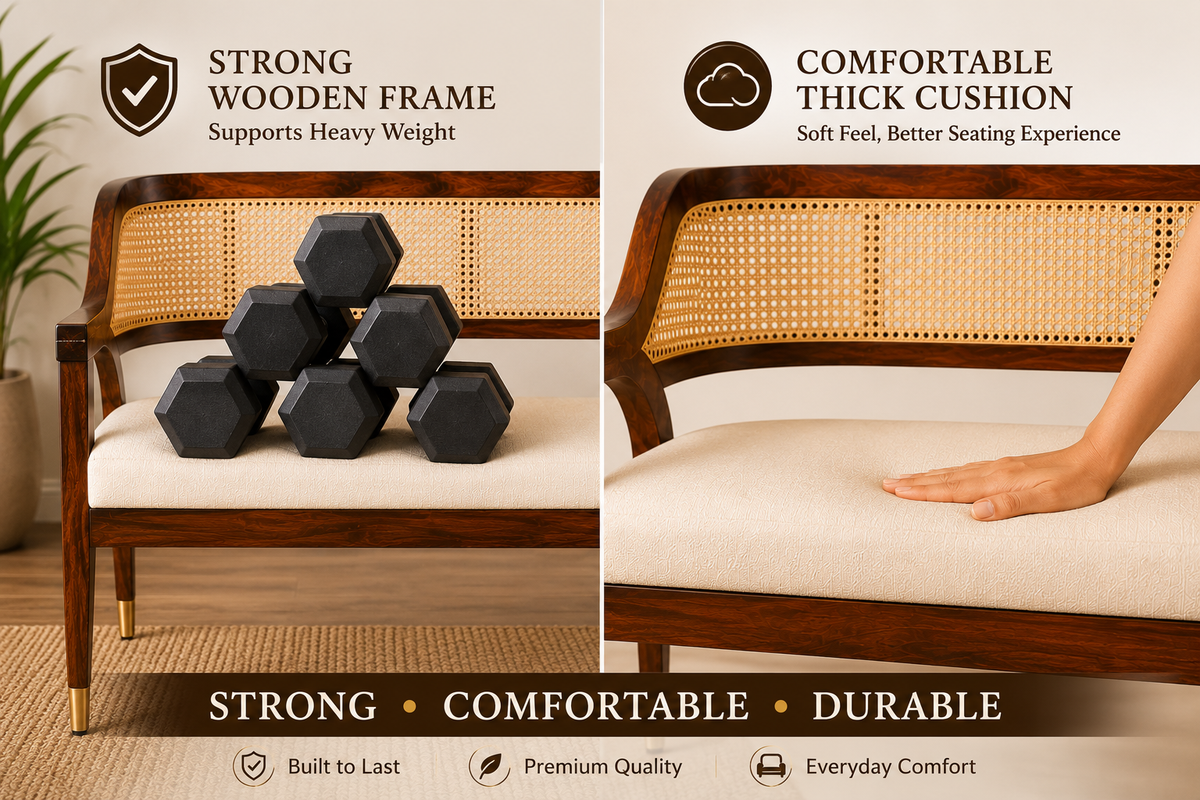 PremWood Solid Sheesham Wood Rattan Sofa Bench 54 Inch | Premium 3 Seater Wooden Sofa