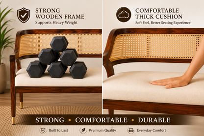 PremWood Solid Sheesham Wood Rattan Sofa Bench 54 Inch | Premium 3 Seater Wooden Sofa