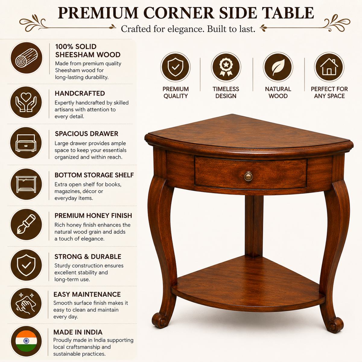 PremWood Solid Sheesham Wood Corner Side Table with Drawer & Bottom Shelf | Handcrafted Wooden End Table for Living Room, Bedroom & Hallway | Space Saving Corner Accent Table | Honey Finish
