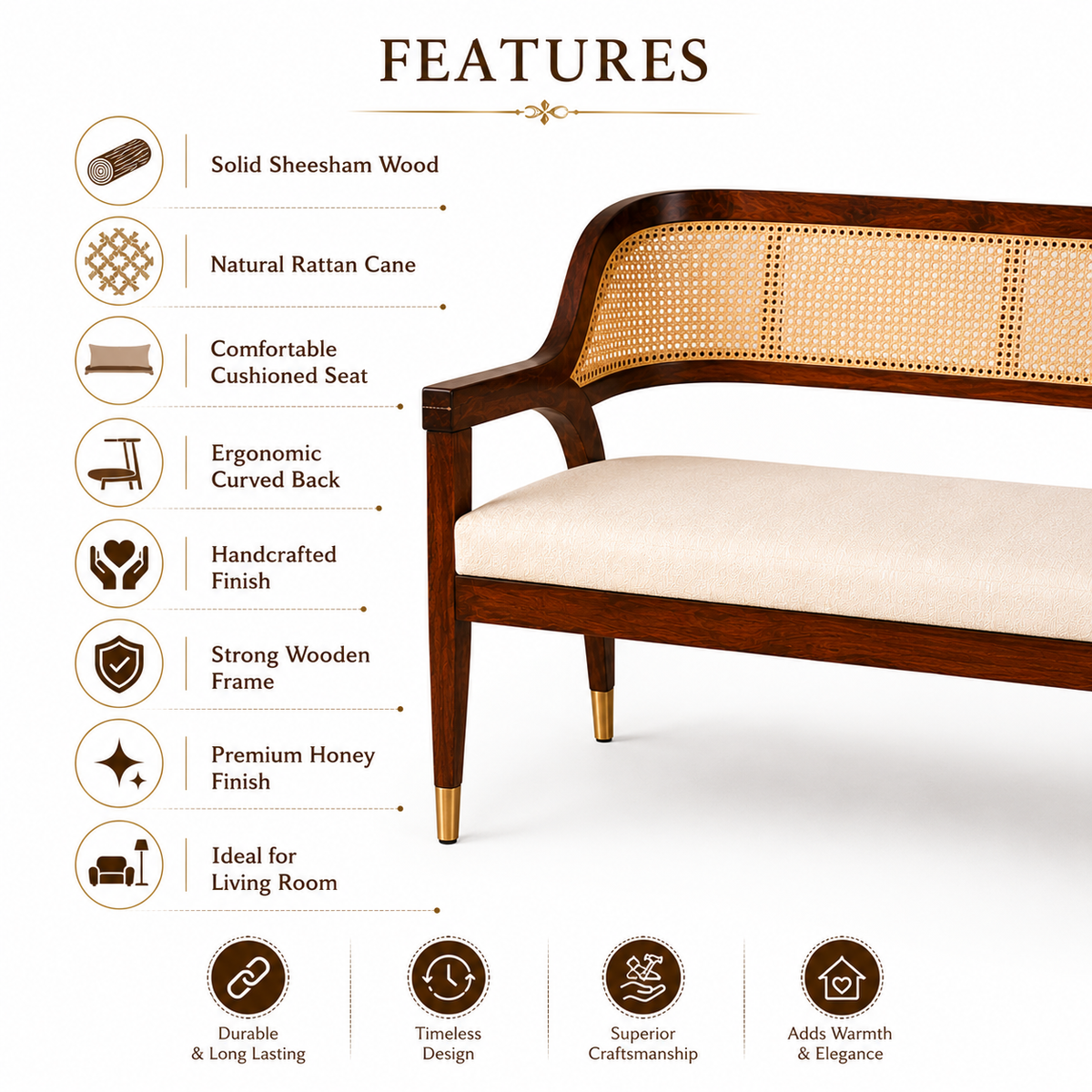 PremWood Solid Sheesham Wood Rattan Sofa Bench 54 Inch | Premium 3 Seater Wooden Sofa