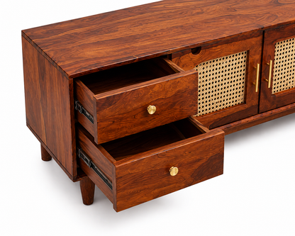 PremWood Solid Sheesham Wood TV Unit with Natural Cane Door Panels & 4 Drawers, Wooden Media Console for Living Room, Walnut Finish