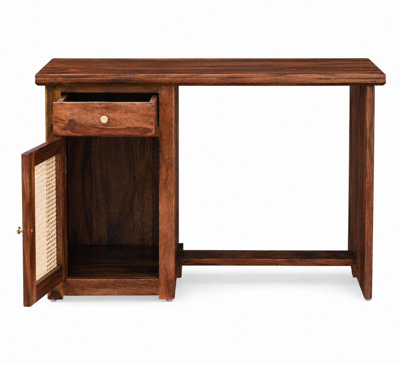 PremWood Solid Sheesham Wood Study Table with Natural Cane Panel, Drawer & Storage Cabinet, Wooden Writing Desk for Home Office & Bedroom