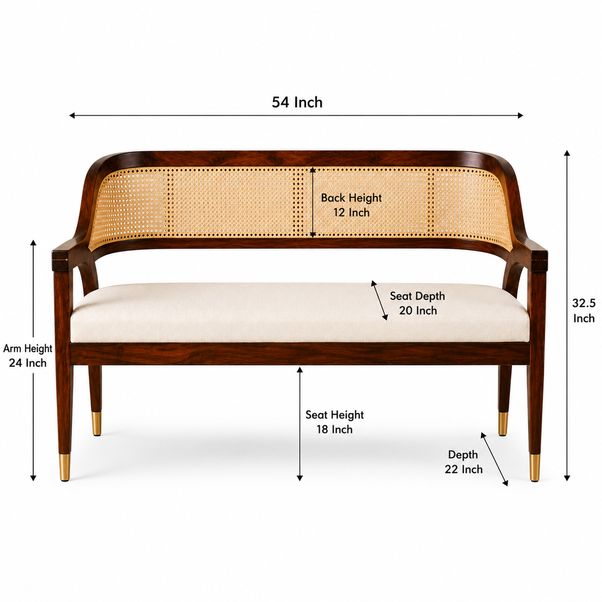PremWood Solid Sheesham Wood Rattan Sofa Bench 54 Inch | Premium 3 Seater Wooden Sofa