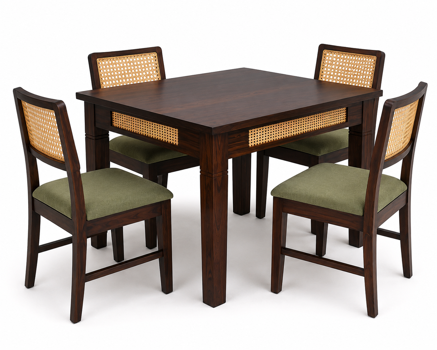 PremWood 4 Seater Solid Sheesham Wood Dining Table Set with 4 Rattan Cane Chairs, Handcrafted Wooden Dining Furniture for Home & Kitchen, Brown Finish