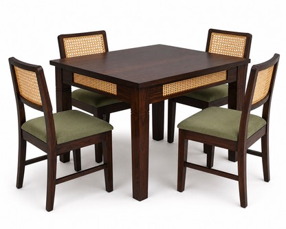 PremWood 4 Seater Solid Sheesham Wood Dining Table Set with 4 Rattan Cane Chairs, Handcrafted Wooden Dining Furniture for Home & Kitchen, Brown Finish