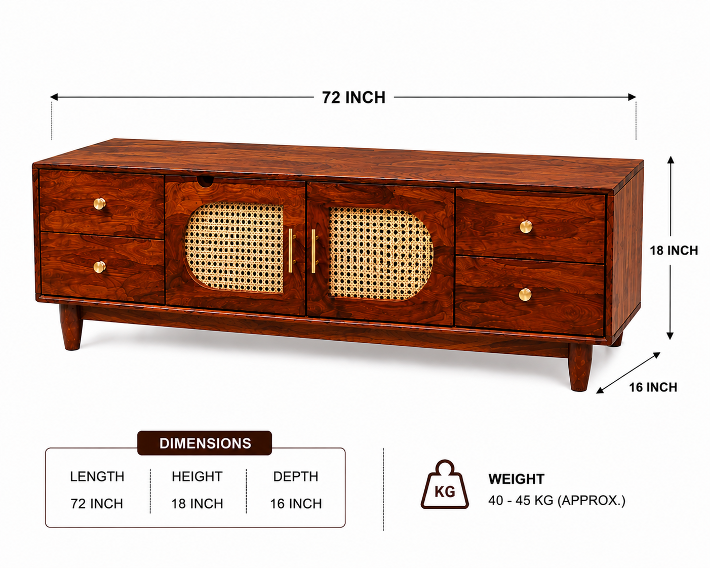 PremWood Solid Sheesham Wood TV Unit with Natural Cane Door Panels & 4 Drawers, Wooden Media Console for Living Room, Walnut Finish