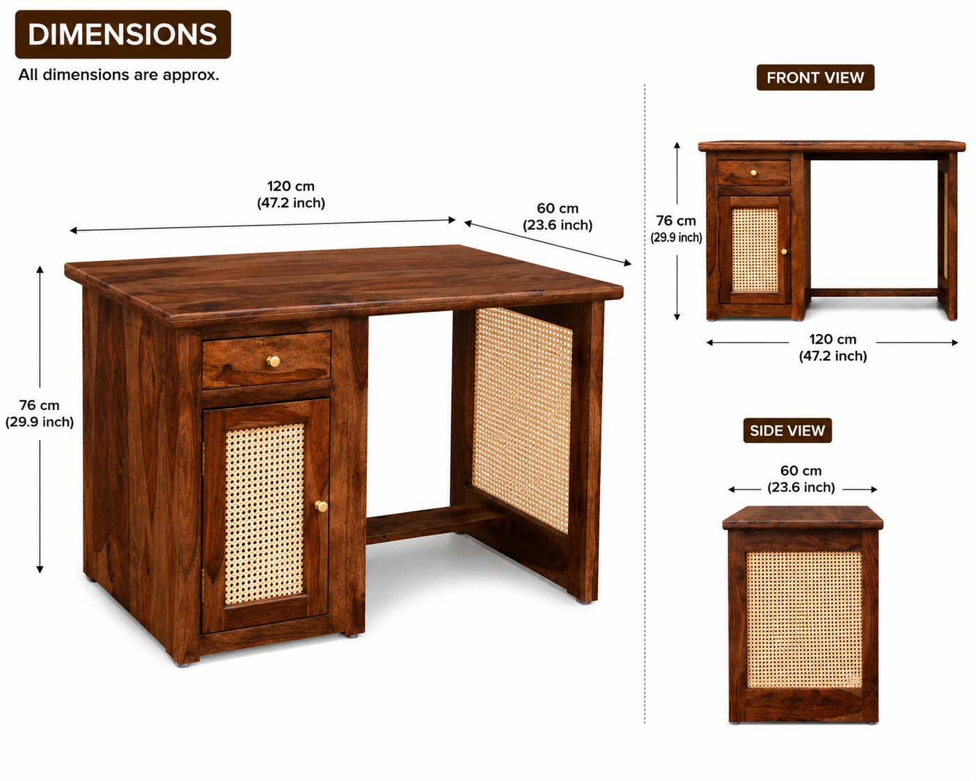 PremWood Solid Sheesham Wood Study Table with Natural Cane Panel, Drawer & Storage Cabinet, Wooden Writing Desk for Home Office & Bedroom