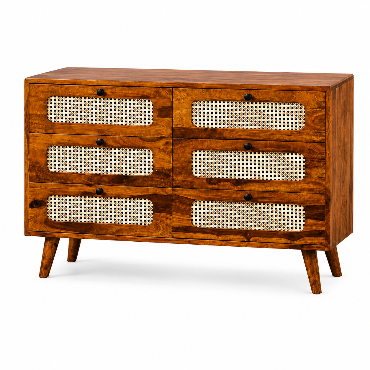 PremWood Solid Sheesham Wood 6-Drawer Dresser with Natural Rattan Cane Panels | Honey Finish Wooden Chest of Drawers | Mid-Century Modern Storage Cabinet for Bedroom & Living Room