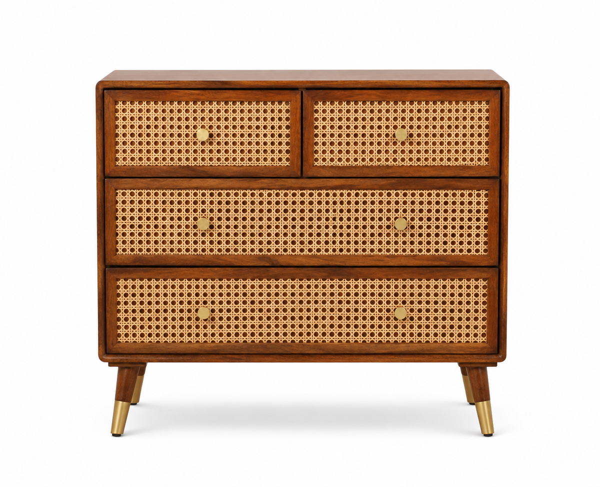 PremWood Solid Sheesham Wood Chest of Drawers with Natural Rattan Cane Weave Front | Honey Finish Wooden Dresser Cabinet | 4 Drawer Storage for Bedroom & Living Room