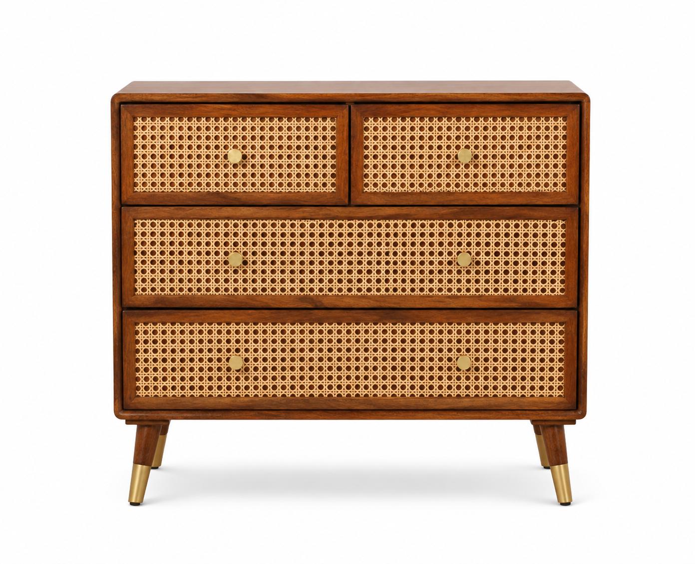 PremWood Solid Sheesham Wood Chest of Drawers with Natural Rattan Cane Weave Front | Honey Finish Wooden Dresser Cabinet | 4 Drawer Storage for Bedroom & Living Room
