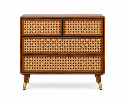 PremWood Solid Sheesham Wood Chest of Drawers with Natural Rattan Cane Weave Front | Honey Finish Wooden Dresser Cabinet | 4 Drawer Storage for Bedroom & Living Room