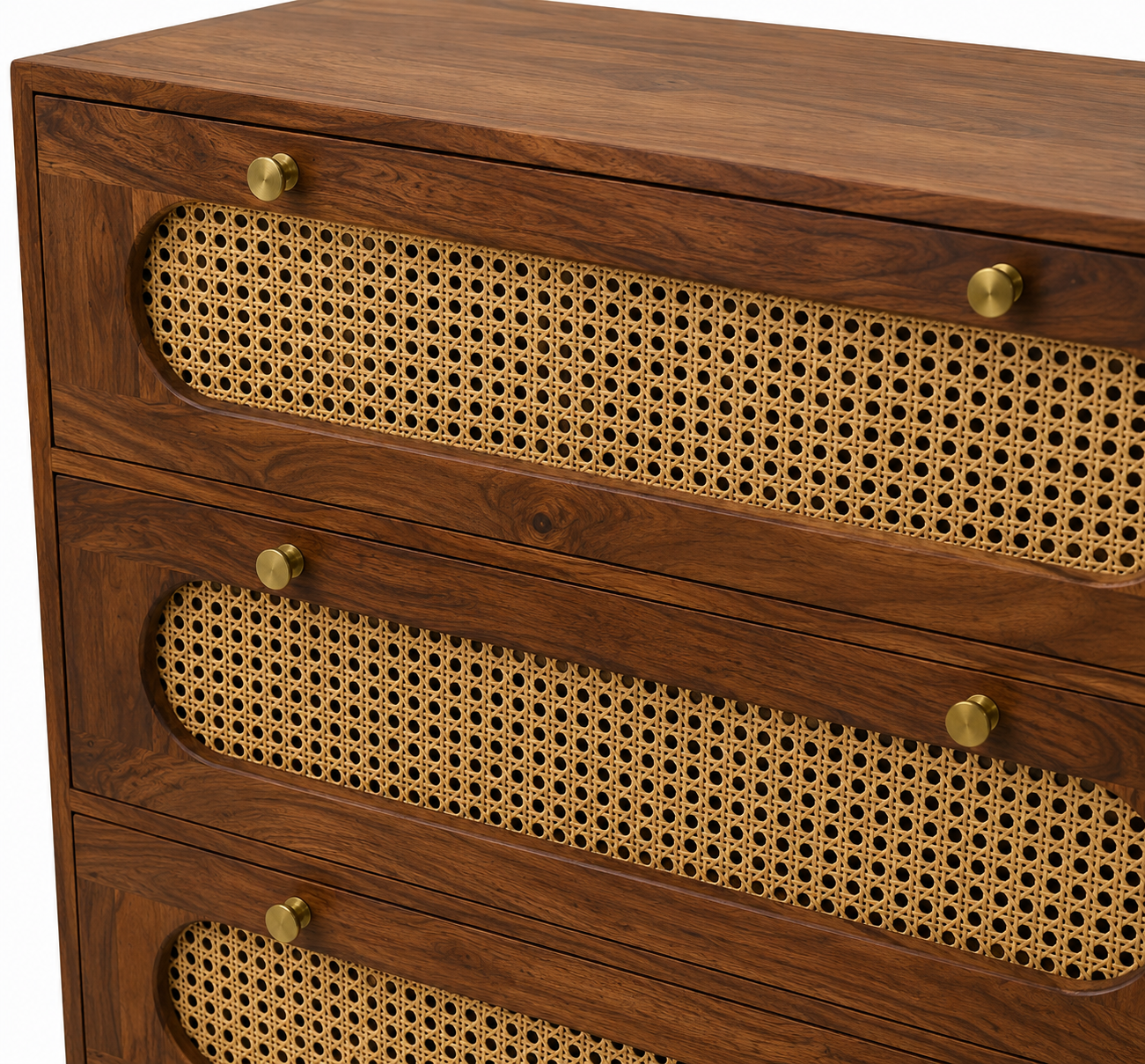 PremWood Solid Sheesham Wood Chest of 4 Drawers with Natural Rattan Cane Weave | Honey Finish Wooden Dresser Cabinet | Bedroom & Living Room Storage