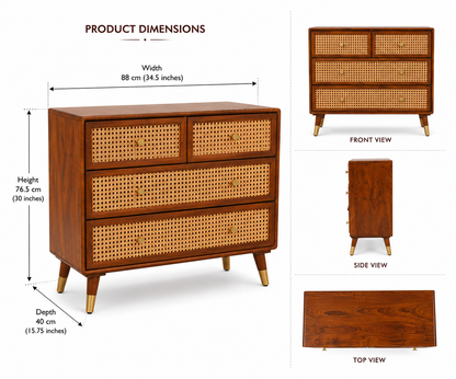 PremWood Solid Sheesham Wood Chest of Drawers with Natural Rattan Cane Weave Front | Honey Finish Wooden Dresser Cabinet | 4 Drawer Storage for Bedroom & Living Room