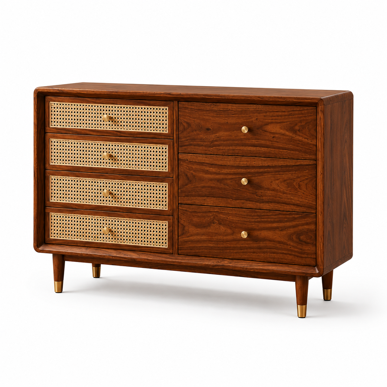 PremWood Solid Sheesham Wood 7-Drawer Chest of Drawers with Natural Rattan Cane Front | Honey Finish Wooden Dresser Cabinet | Bedroom & Living Room Storage