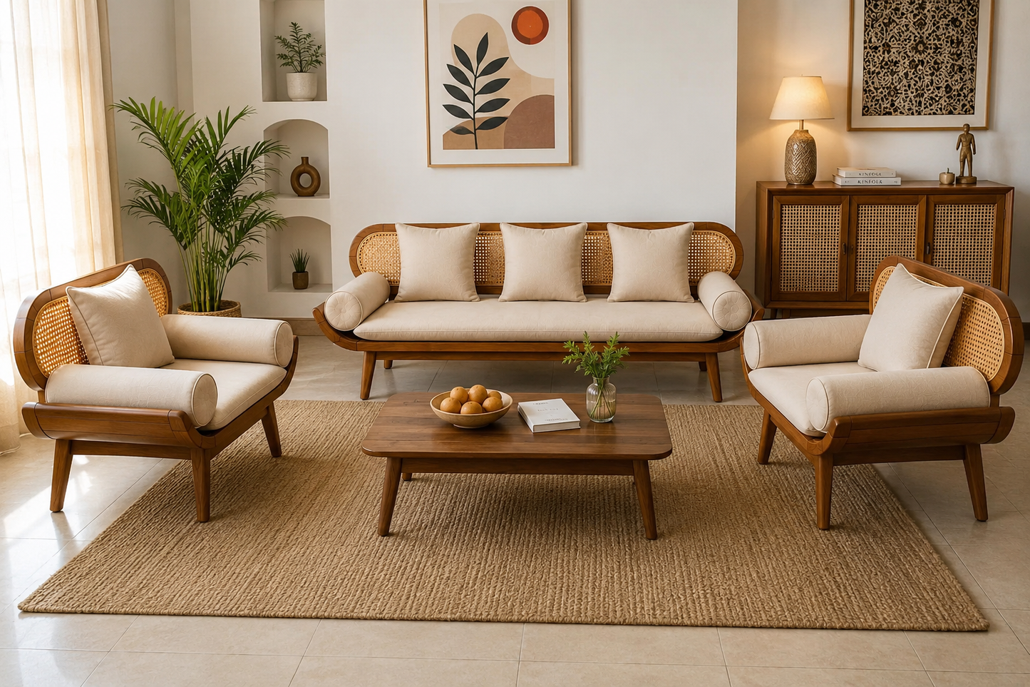 Premwood Solid Sheesham Wood 3+1+1 Sofa Set with Natural Rattan Cane | 3-Seater Sofa & 2 Single Seater Chairs | Honey Finish |  Living Room Furniture