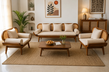 Premwood Solid Sheesham Wood 3+1+1 Sofa Set with Natural Rattan Cane | 3-Seater Sofa & 2 Single Seater Chairs | Honey Finish |  Living Room Furniture