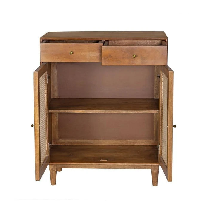 PremWood Atalanta Solid Wood Rattan Cane Storage Cabinet | 2 Door 2 Drawer Wooden Sideboard for Living Room & Bedroom