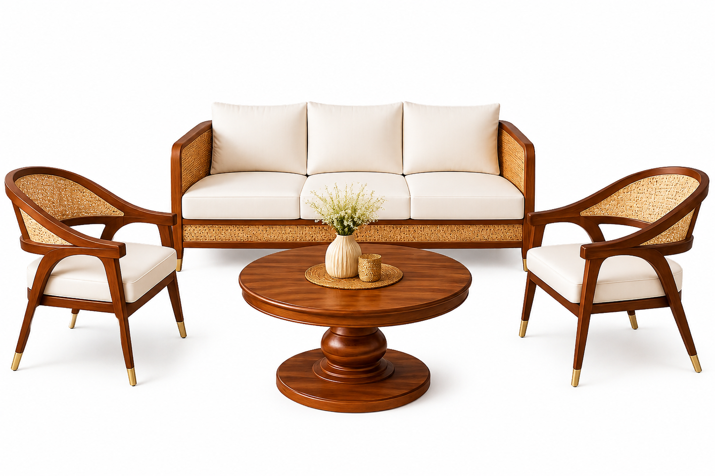 Wood and Rattan Living Room Sofa Set with Round Coffee Table, 3-Seater Sofa with 2 Lounge Chairs, Natural Cane Woven Panels, Solid Wood Frame, Cream Upholstery, Modern Wooden Furniture Set