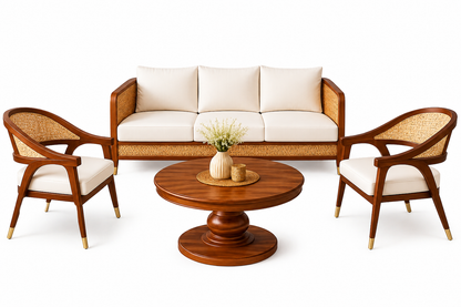 Wood and Rattan Living Room Sofa Set with Round Coffee Table, 3-Seater Sofa with 2 Lounge Chairs, Natural Cane Woven Panels, Solid Wood Frame, Cream Upholstery, Modern Wooden Furniture Set