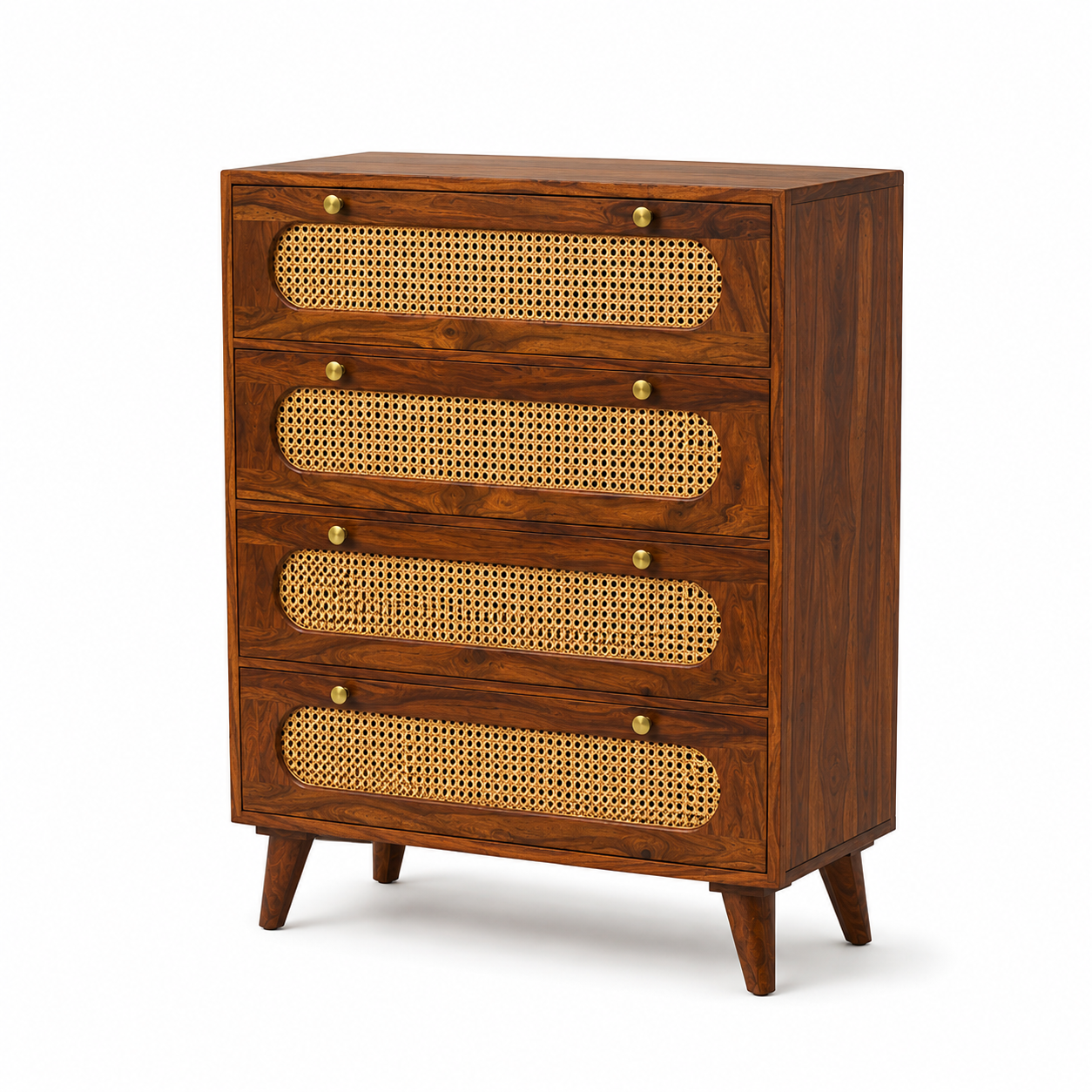 PremWood Solid Sheesham Wood Chest of 4 Drawers with Natural Rattan Cane Weave | Honey Finish Wooden Dresser Cabinet | Bedroom & Living Room Storage