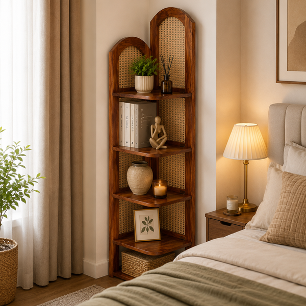 PremWood Solid Sheesham Wood 4-Tier Corner Shelf with Natural Rattan Cane | Wooden Corner Bookcase & Display Rack for Living Room, Bedroom & Office | Honey Finish