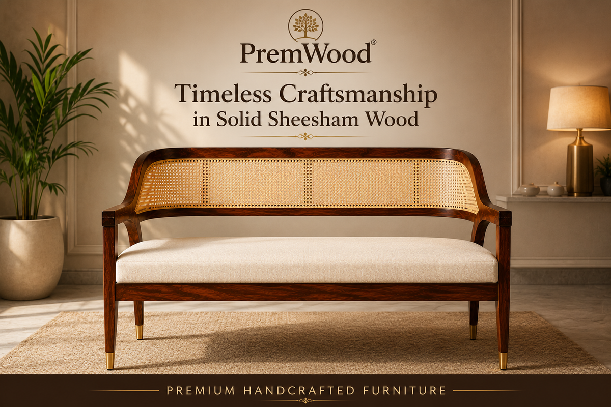 PremWood Solid Sheesham Wood Rattan Sofa Bench 54 Inch | Premium 3 Seater Wooden Sofa