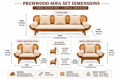 Premwood Solid Sheesham Wood 3+1+1 Sofa Set with Natural Rattan Cane | 3-Seater Sofa & 2 Single Seater Chairs | Honey Finish |  Living Room Furniture