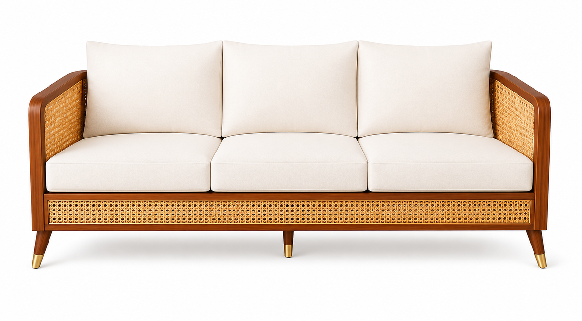 Wood and Rattan Living Room Sofa Set with Round Coffee Table, 3-Seater Sofa with 2 Lounge Chairs, Natural Cane Woven Panels, Solid Wood Frame, Cream Upholstery, Modern Wooden Furniture Set