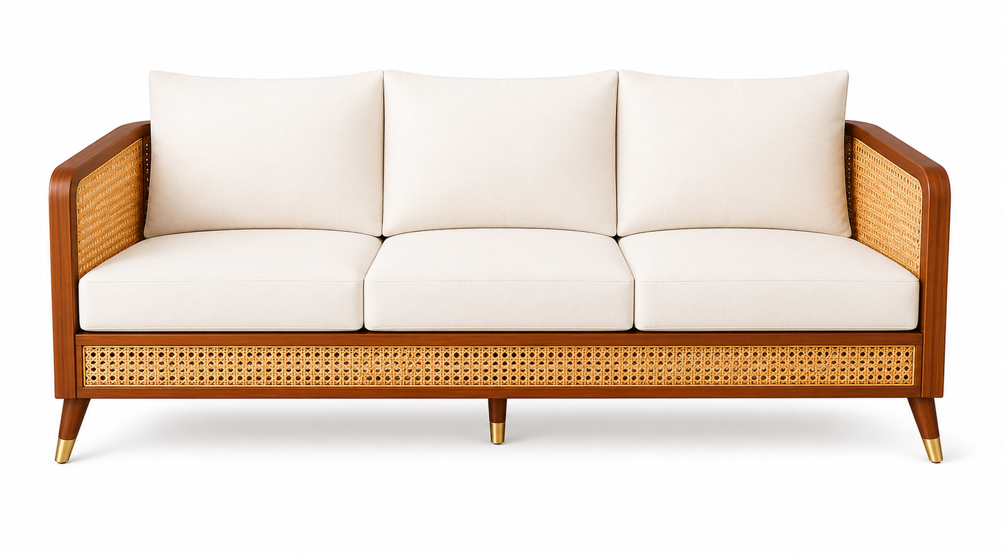 Wood and Rattan Living Room Sofa Set with Round Coffee Table, 3-Seater Sofa with 2 Lounge Chairs, Natural Cane Woven Panels, Solid Wood Frame, Cream Upholstery, Modern Wooden Furniture Set