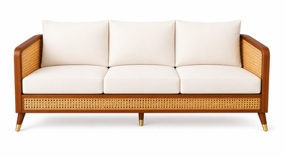 Wood and Rattan Living Room Sofa Set with Round Coffee Table, 3-Seater Sofa with 2 Lounge Chairs, Natural Cane Woven Panels, Solid Wood Frame, Cream Upholstery, Modern Wooden Furniture Set