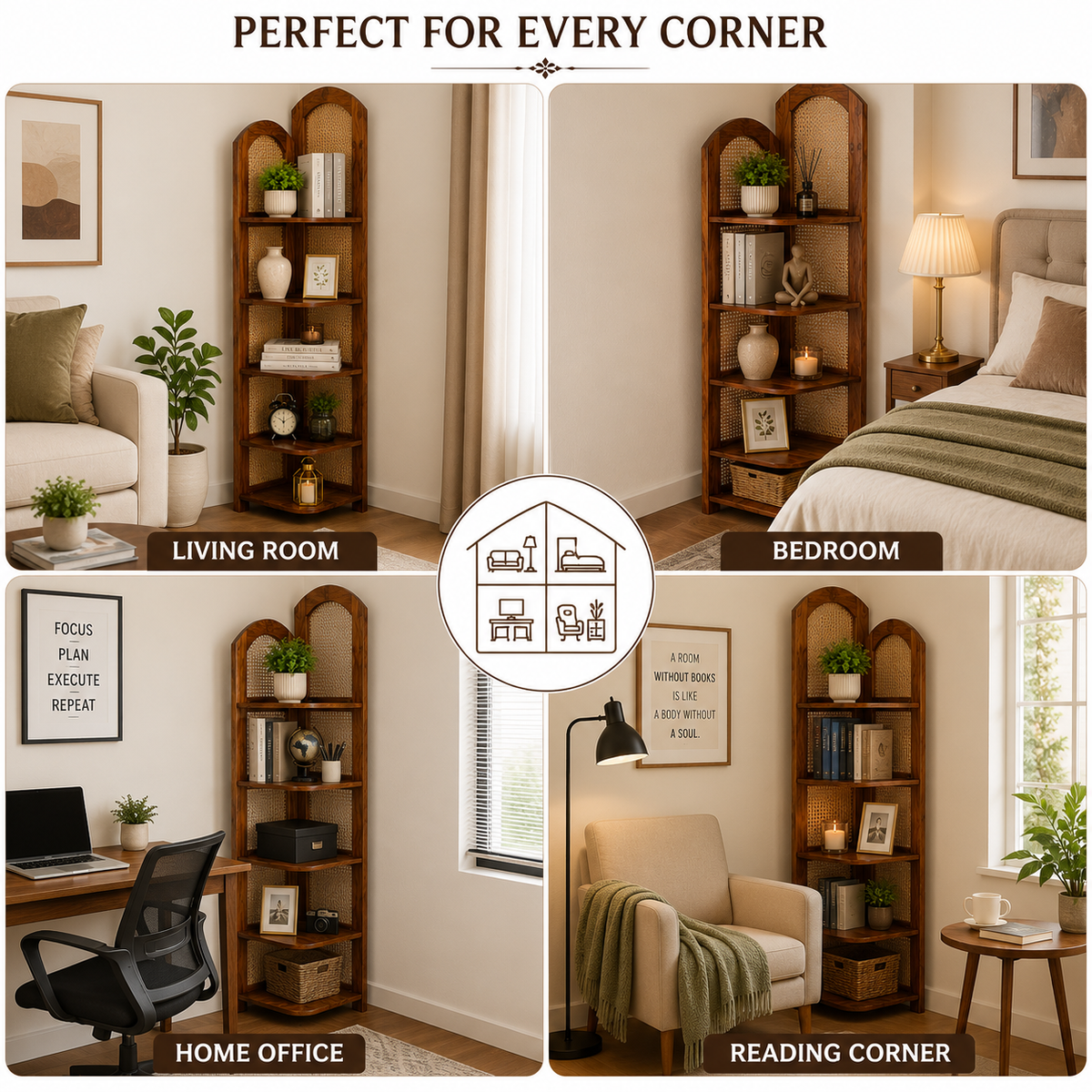 PremWood Solid Sheesham Wood 4-Tier Corner Shelf with Natural Rattan Cane | Wooden Corner Bookcase & Display Rack for Living Room, Bedroom & Office | Honey Finish