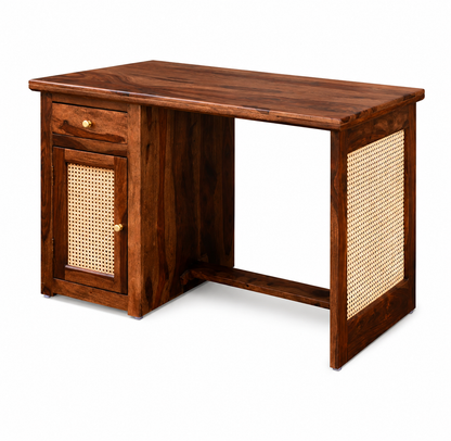 PremWood Solid Sheesham Wood Study Table with Natural Cane Panel, Drawer & Storage Cabinet, Wooden Writing Desk for Home Office & Bedroom