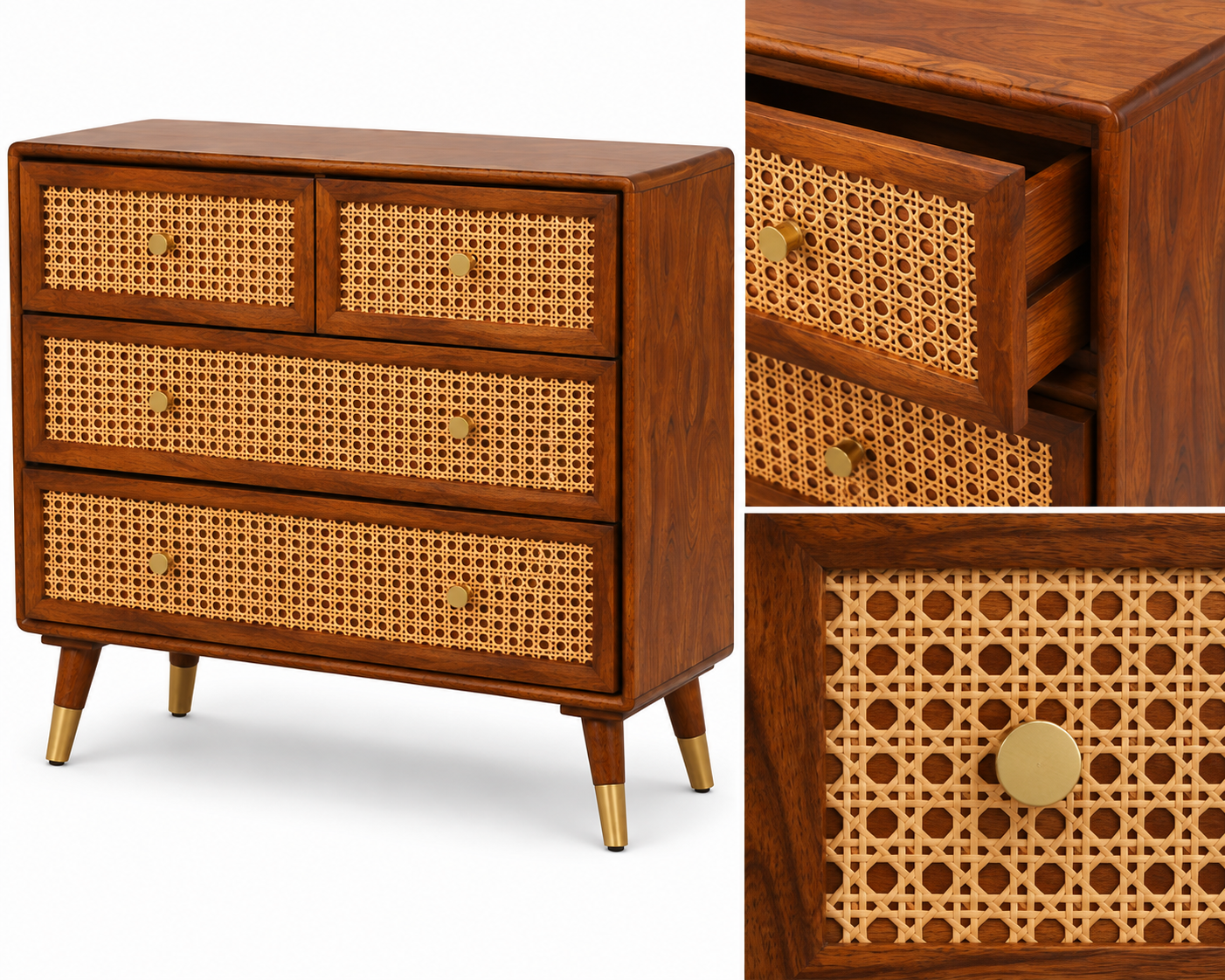 PremWood Solid Sheesham Wood Chest of Drawers with Natural Rattan Cane Weave Front | Honey Finish Wooden Dresser Cabinet | 4 Drawer Storage for Bedroom & Living Room