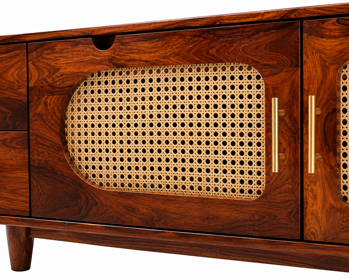 PremWood Solid Sheesham Wood TV Unit with Natural Cane Door Panels & 4 Drawers, Wooden Media Console for Living Room, Walnut Finish