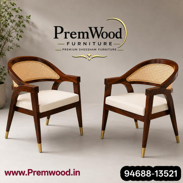 PremWood Solid Wood 6-Seater Dining Table with Natural Rattan Cane Panels | 68 × 35 × 30 Inch