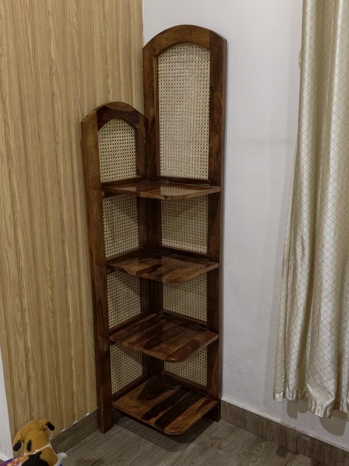 PremWood Solid Sheesham Wood 4-Tier Corner Shelf with Natural Rattan Cane | Wooden Corner Bookcase & Display Rack for Living Room, Bedroom & Office | Honey Finish