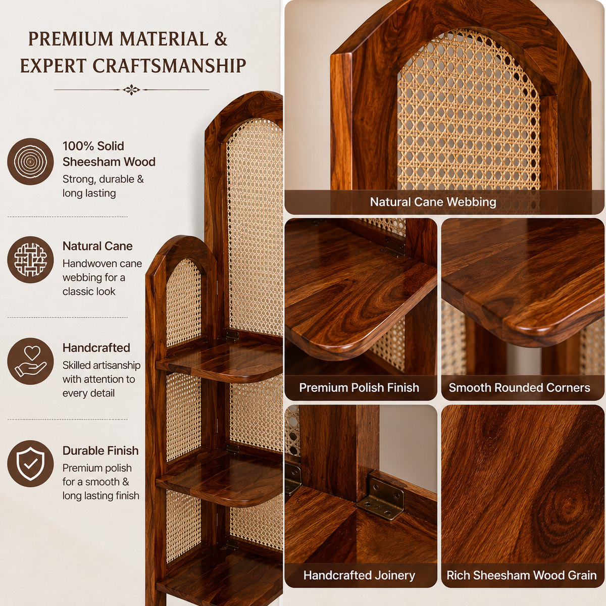 PremWood Solid Sheesham Wood 4-Tier Corner Shelf with Natural Rattan Cane | Wooden Corner Bookcase & Display Rack for Living Room, Bedroom & Office | Honey Finish