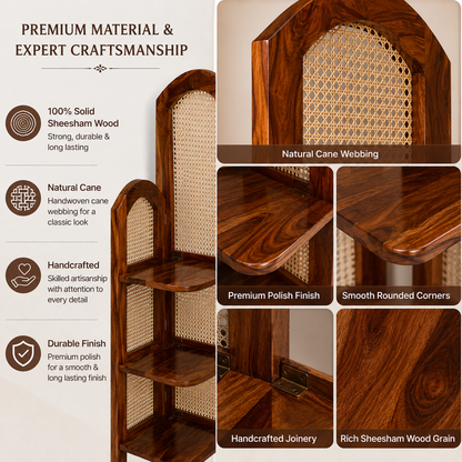 PremWood Solid Sheesham Wood 4-Tier Corner Shelf with Natural Rattan Cane | Wooden Corner Bookcase & Display Rack for Living Room, Bedroom & Office | Honey Finish