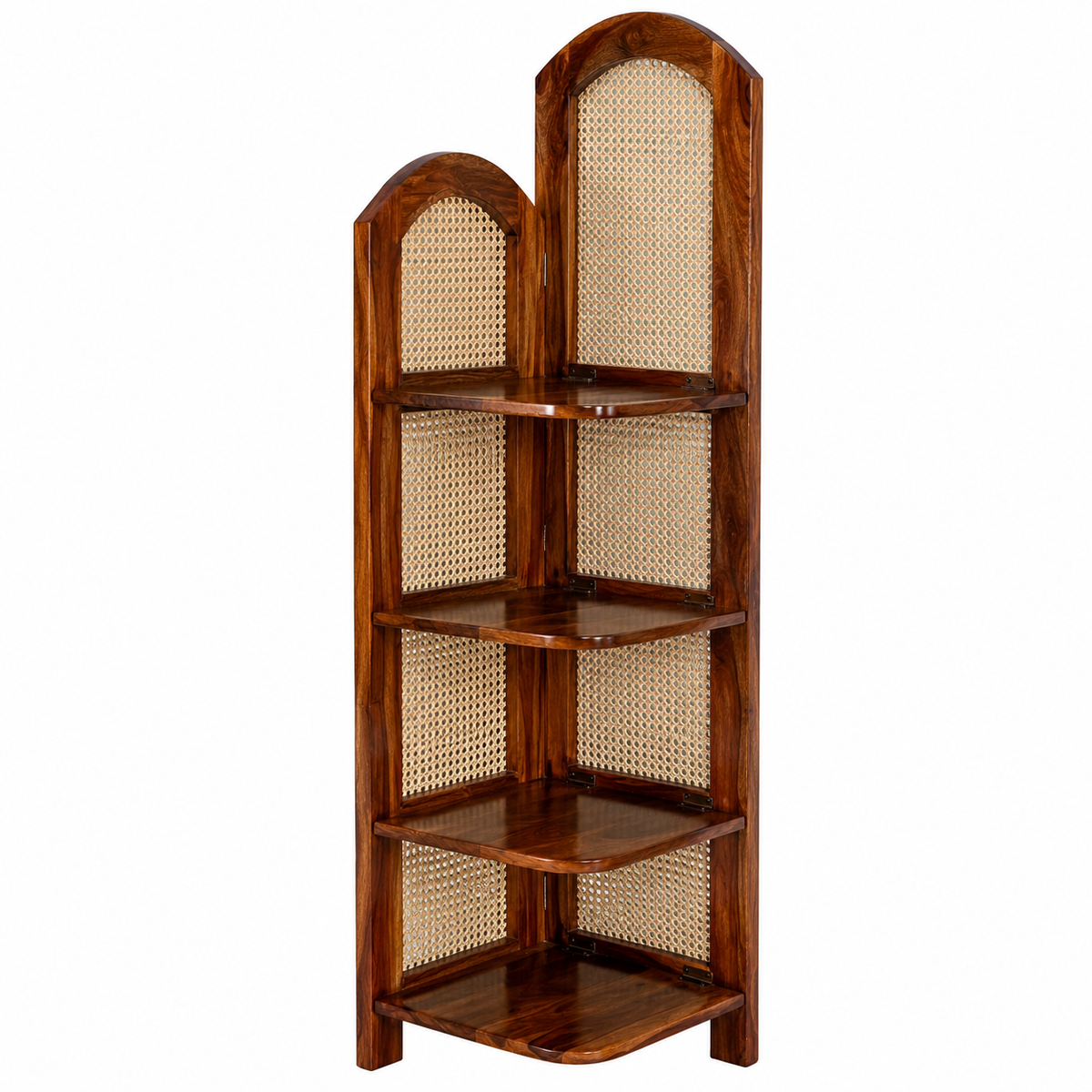 PremWood Solid Sheesham Wood 4-Tier Corner Shelf with Natural Rattan Cane | Wooden Corner Bookcase & Display Rack for Living Room, Bedroom & Office | Honey Finish