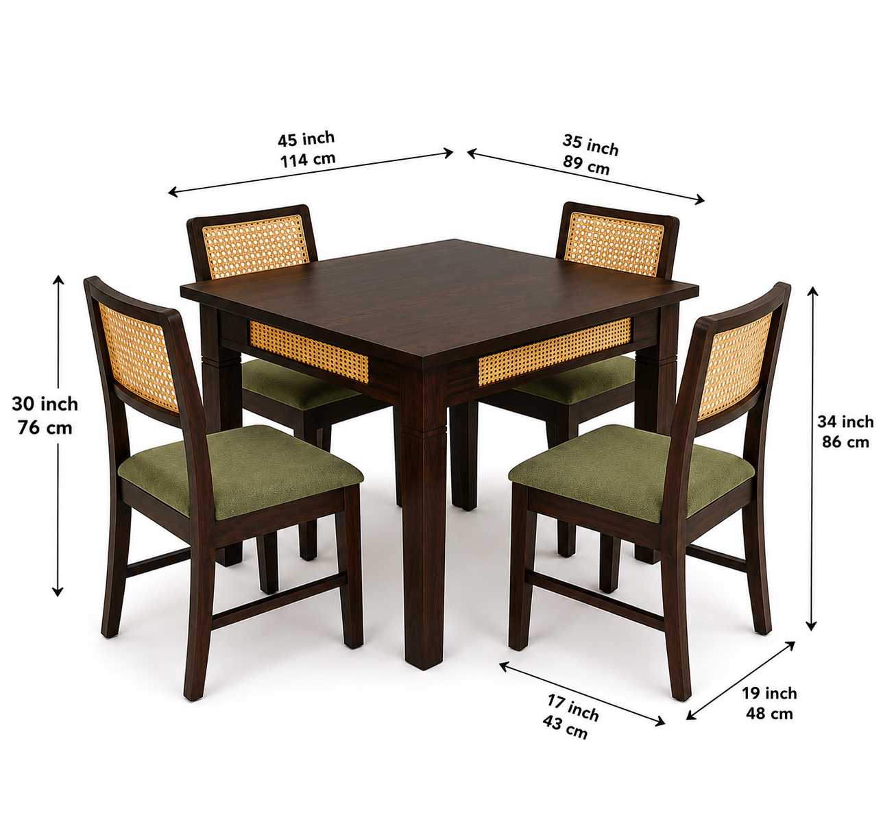 PremWood 4 Seater Solid Sheesham Wood Dining Table Set with 4 Rattan Cane Chairs, Handcrafted Wooden Dining Furniture for Home & Kitchen, Brown Finish