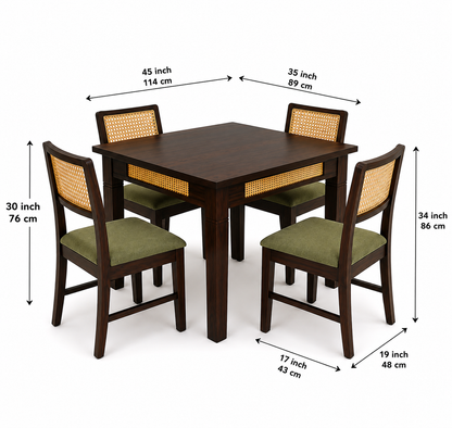 PremWood 4 Seater Solid Sheesham Wood Dining Table Set with 4 Rattan Cane Chairs, Handcrafted Wooden Dining Furniture for Home & Kitchen, Brown Finish
