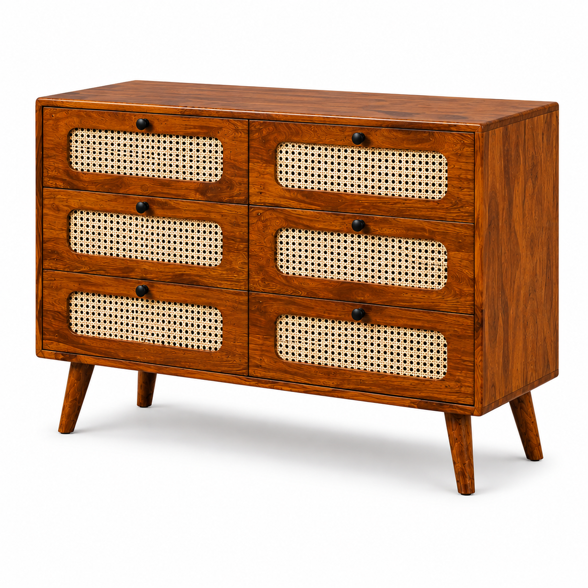 PremWood Solid Sheesham Wood 6-Drawer Dresser with Natural Rattan Cane Panels | Honey Finish Wooden Chest of Drawers | Mid-Century Modern Storage Cabinet for Bedroom & Living Room