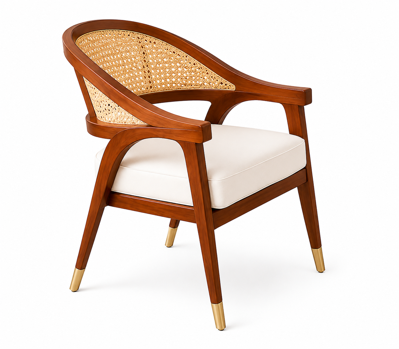Wood and Rattan Living Room Sofa Set with Round Coffee Table, 3-Seater Sofa with 2 Lounge Chairs, Natural Cane Woven Panels, Solid Wood Frame, Cream Upholstery, Modern Wooden Furniture Set