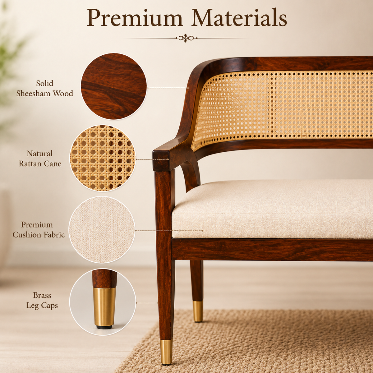 PremWood Solid Sheesham Wood Rattan Sofa Bench 54 Inch | Premium 3 Seater Wooden Sofa