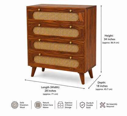 PremWood Solid Sheesham Wood Chest of 4 Drawers with Natural Rattan Cane Weave | Honey Finish Wooden Dresser Cabinet | Bedroom & Living Room Storage